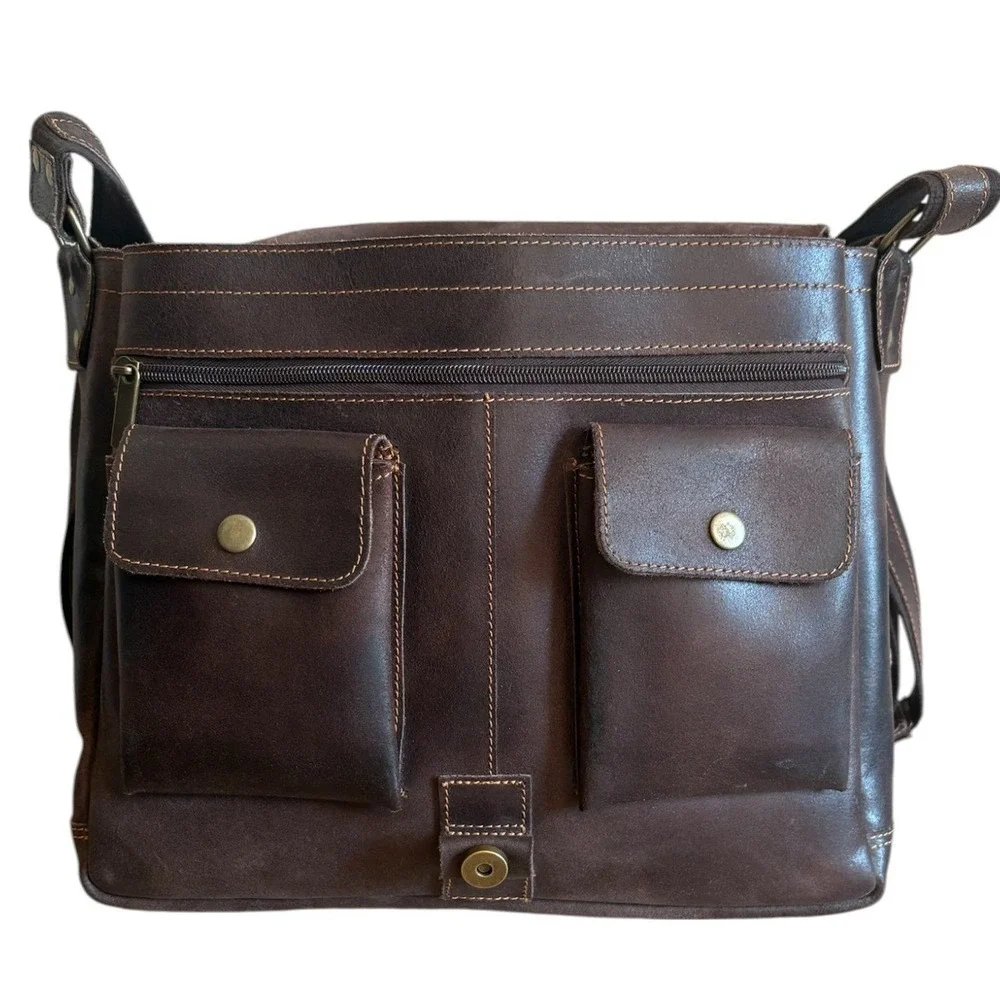 Columbia Made Men's Brown Leather Messenger Bag Laptop Crossbody Work Briefcase